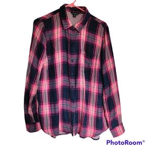 Lucky Brand Size M Navy & Pink Plaid Peplum Slid Back Plaid Button Down Shirt